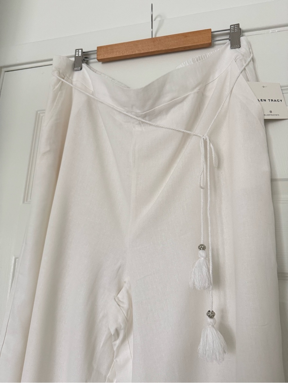 Ellen Tracy White Rope-Tie Wide Leg Pants